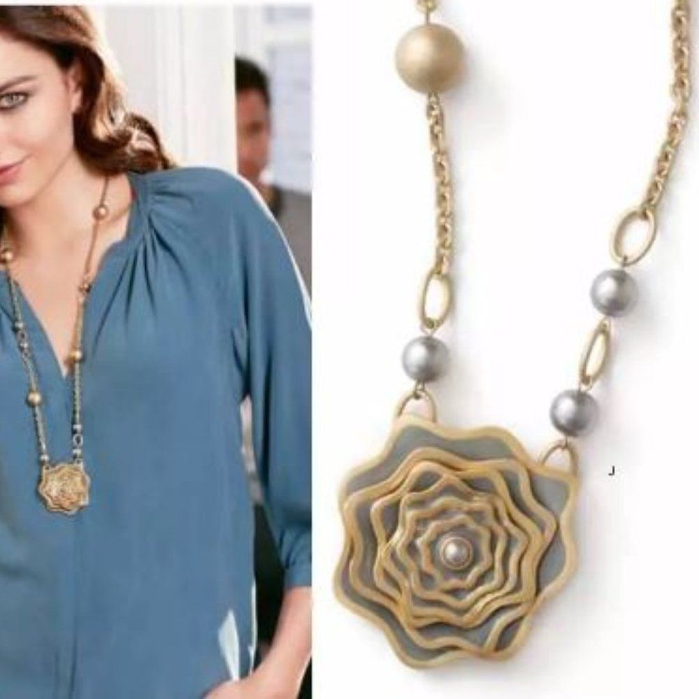 NWOT Lia Sophia "Garden Rose" Gold and Grey Floral long necklace